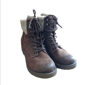 Brown and White Target Lace Up Faux Fur Boot